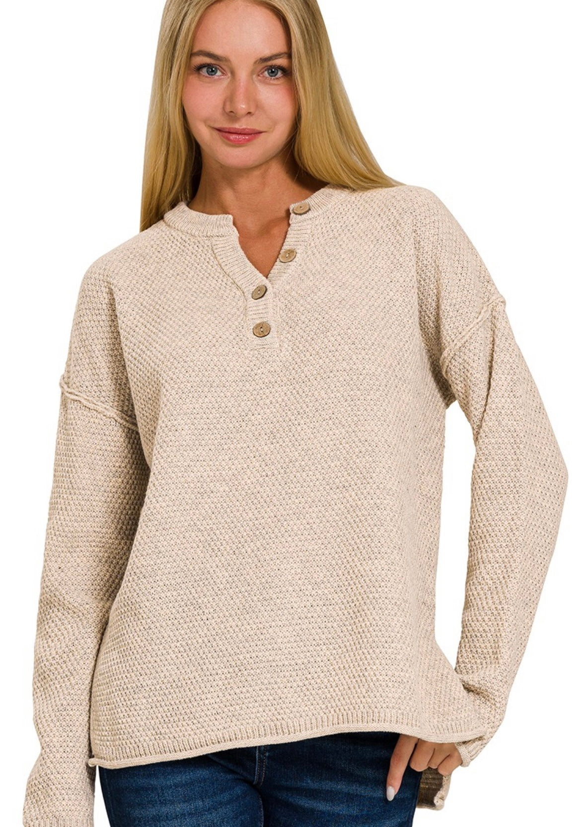 Beige 4 buttons Henley neckline sweater