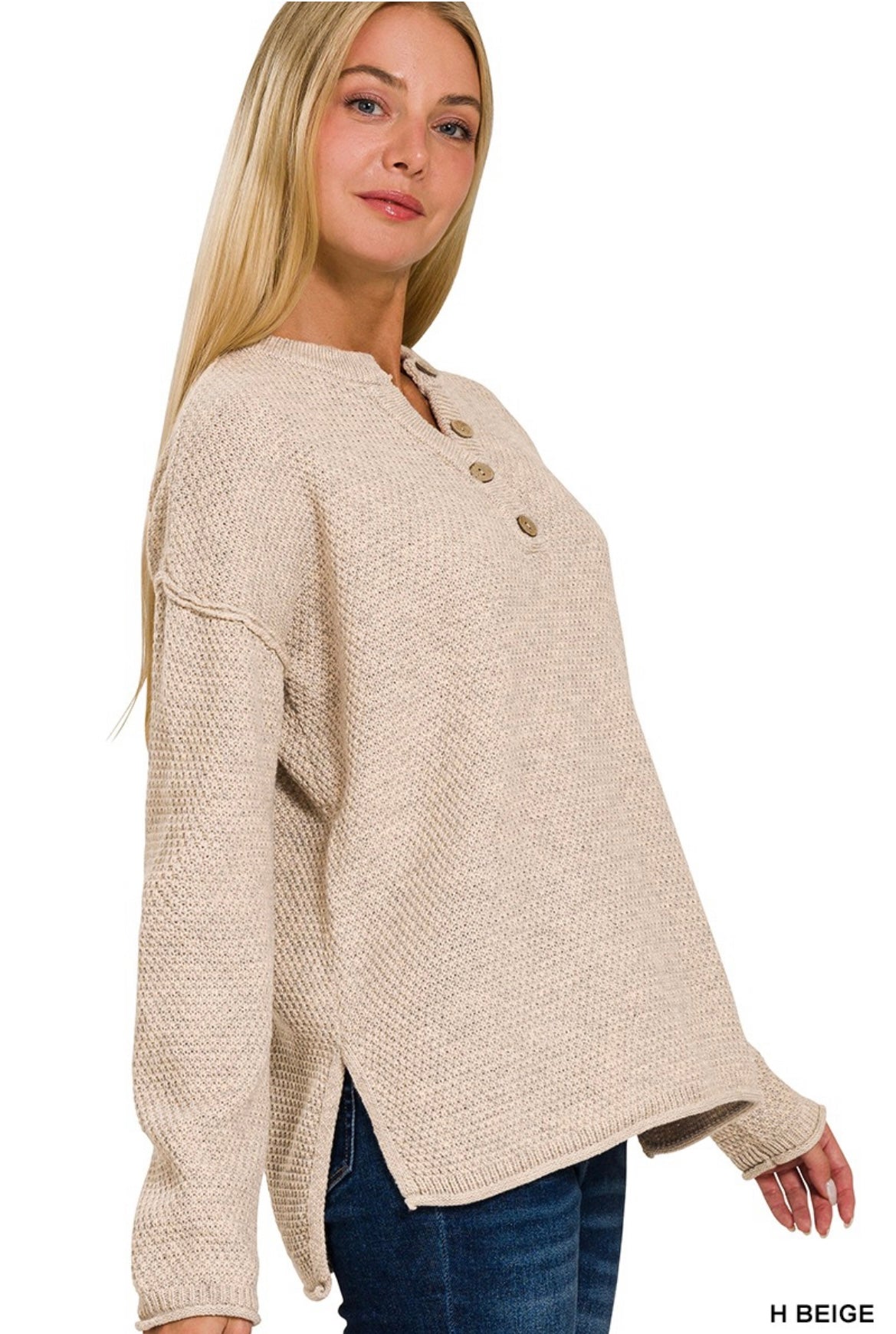 Beige 4 buttons Henley neckline sweater