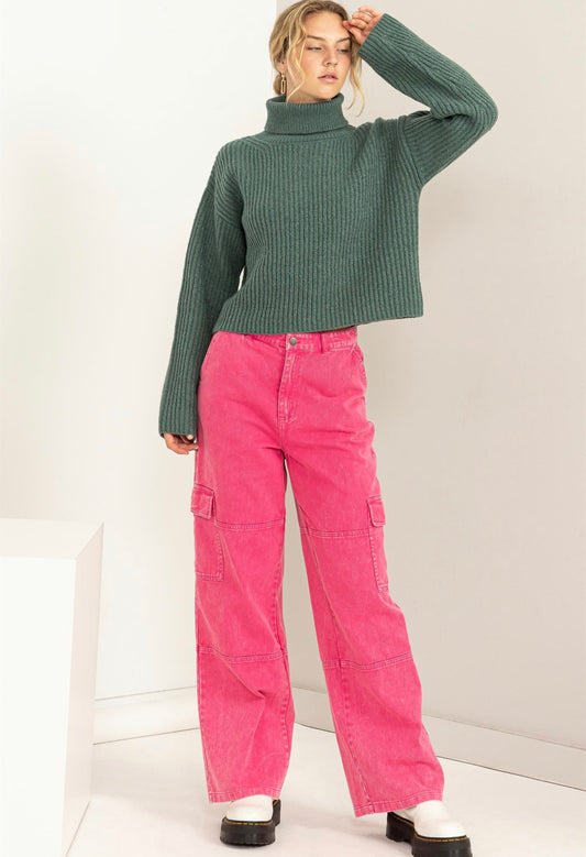 High waisted mineral wash cargo pants