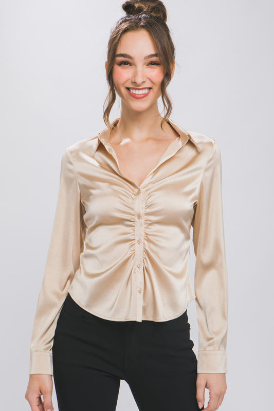 Long sleeve ruched button down blouse