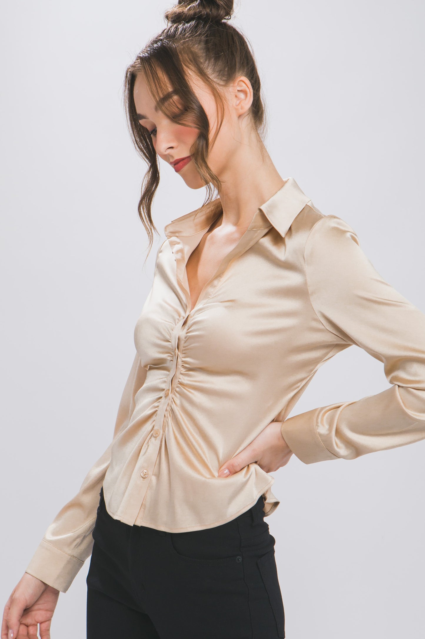 Long sleeve ruched button down blouse