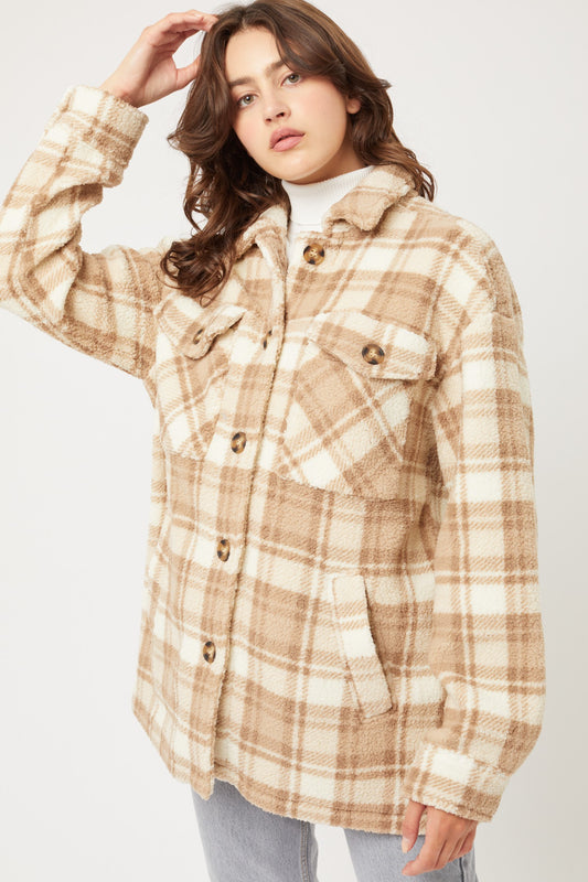 Khaki Sherpa fleece plaid jacket