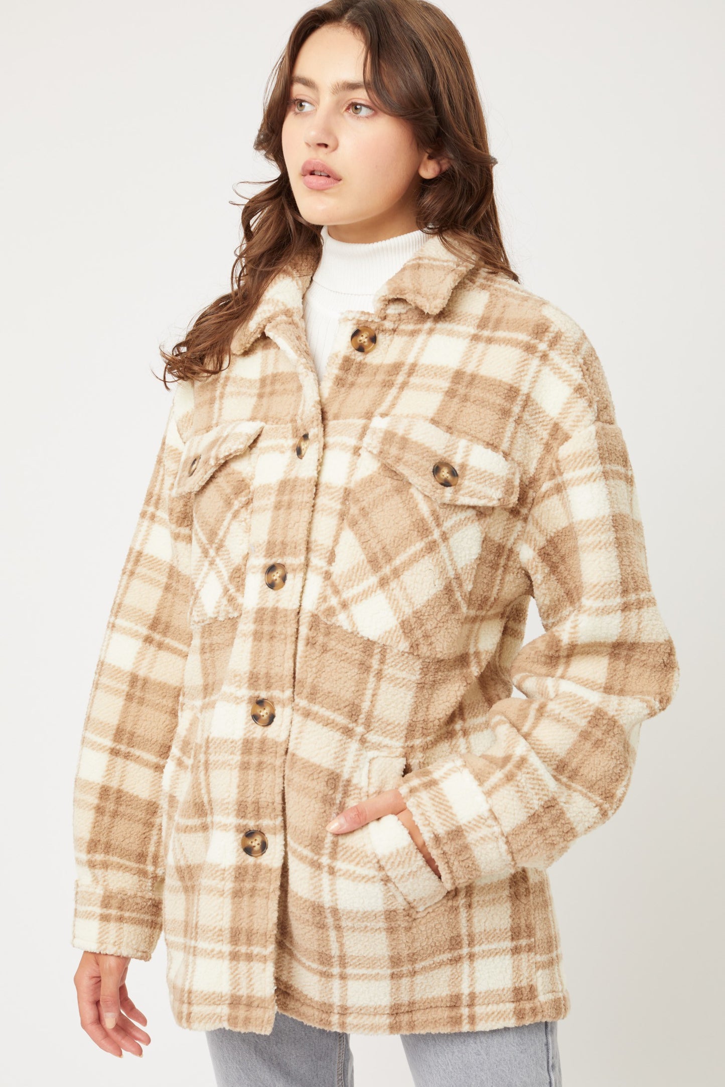 Khaki Sherpa fleece plaid jacket