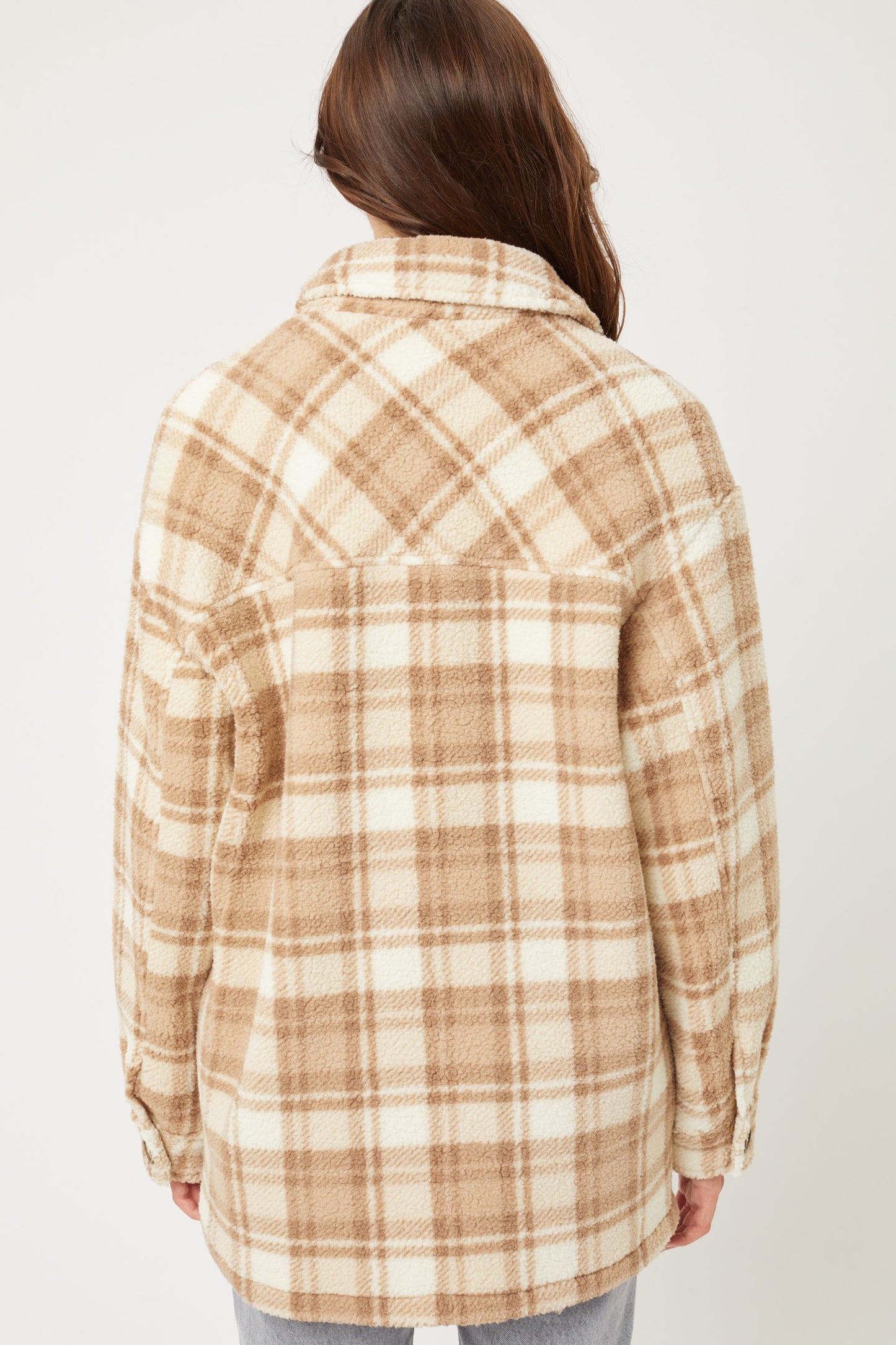 Khaki Sherpa fleece plaid jacket